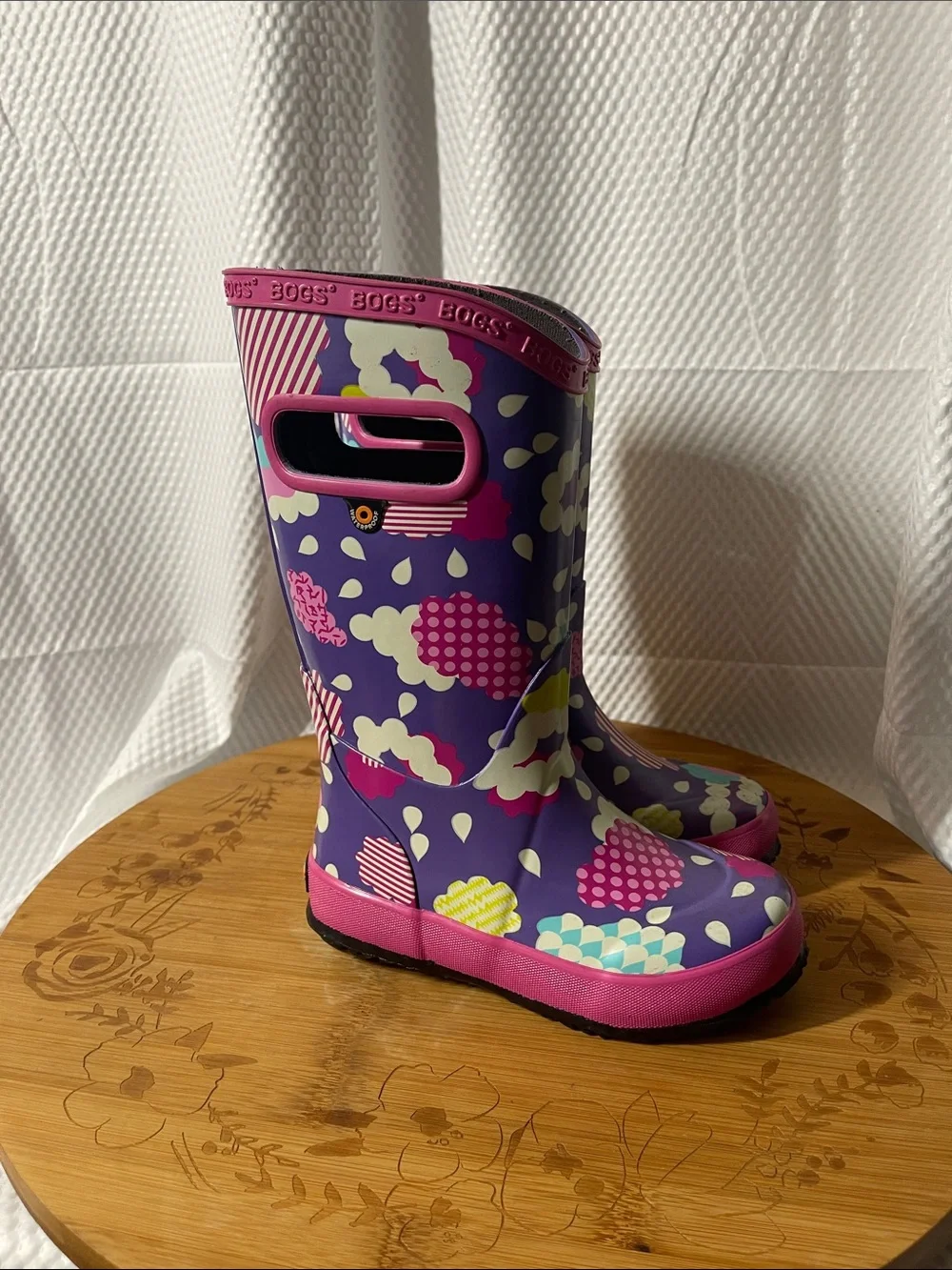 Bogs Kids Purple Rain Boots with Pink Trim & Cloud Pattern little girls size 10